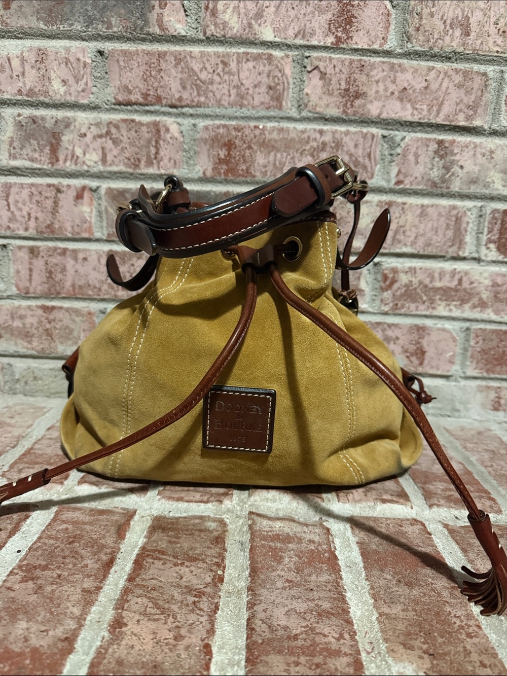Vintage Dooney & Bourke Mustard suede Drawstring Bucket Bag